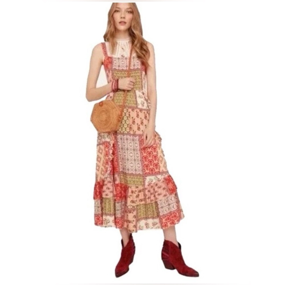 Anthropologie Abel the Label Gypsiana Patchwork Boho Maxi Dress Tie-Back‎ S - Picture 2 of 13